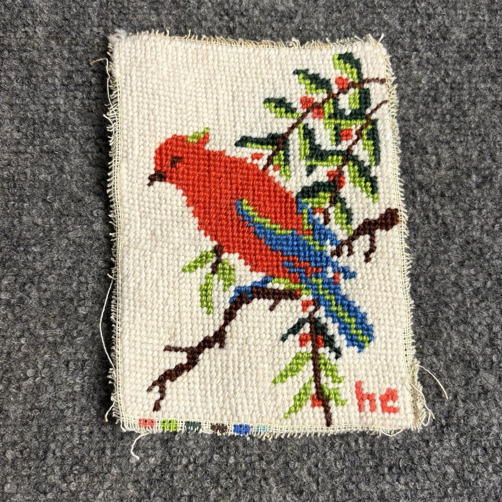 Vintage Needlepoint Art Bird On Branch 7x5"